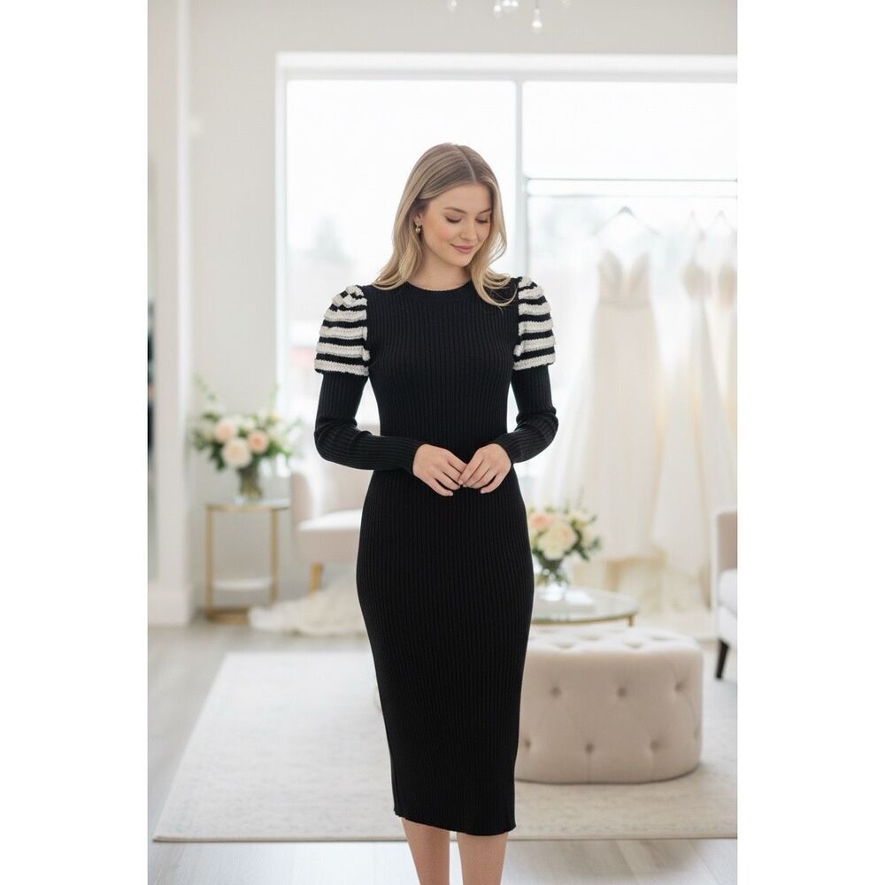 Nicole Miller Black Ribbed Knit Midi Dress with Striped Ruffle Sleeves